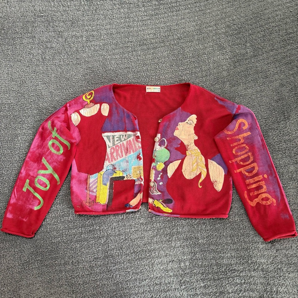 ✨Rare Vintage 80s Kolorway USA “Joy of Shopping” Graphic Knit Statement Cardigan